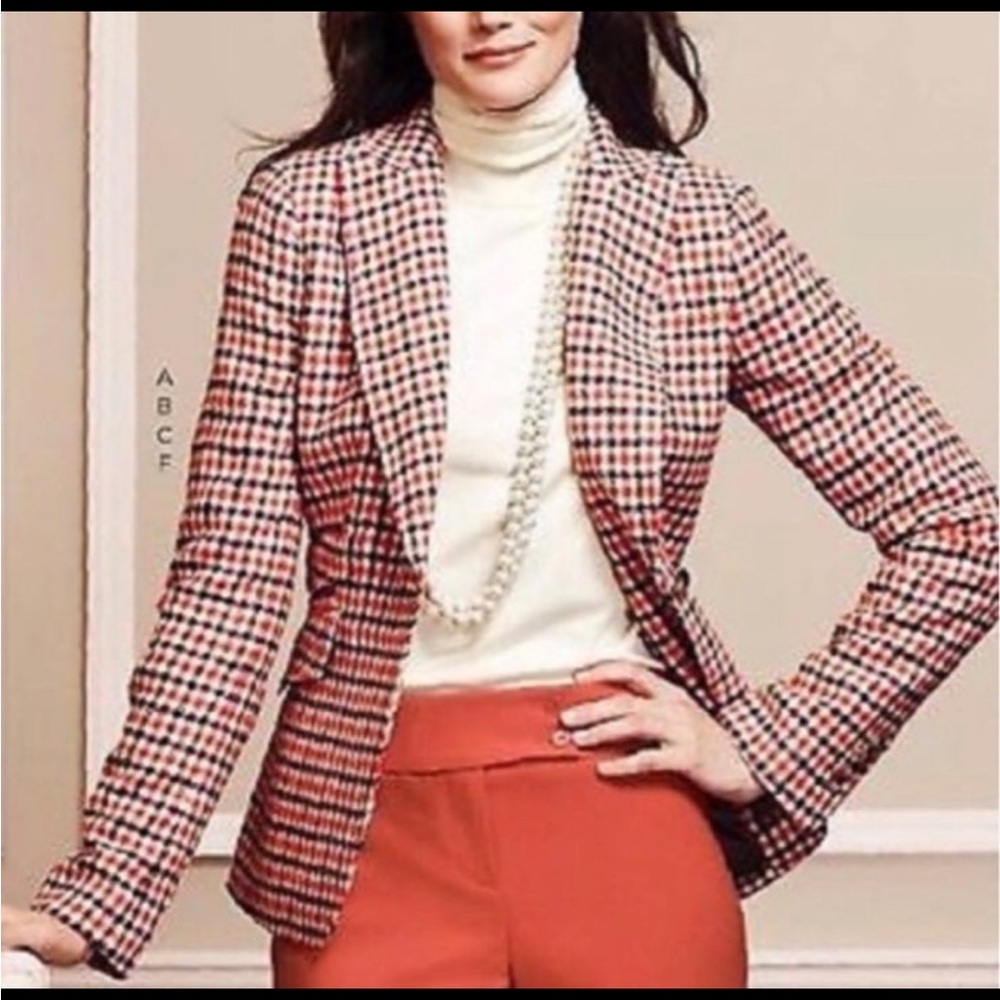 Talbots fall wool plaid blazer pink cream brown orange for women 14P EUC